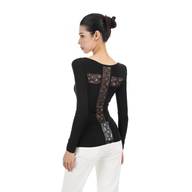 Long-Sleeve Scoop Neck Lace Panel Slim Fit T-Shirt