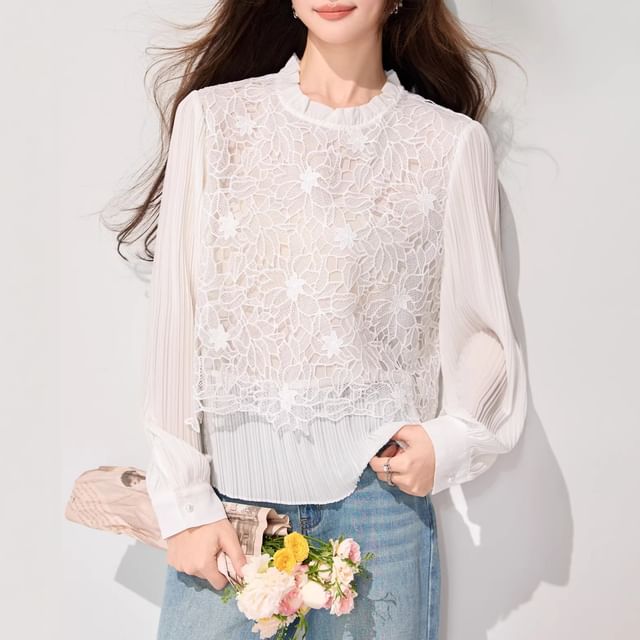 Long-Sleeve Lace Panel Ruffle Collar Blouse