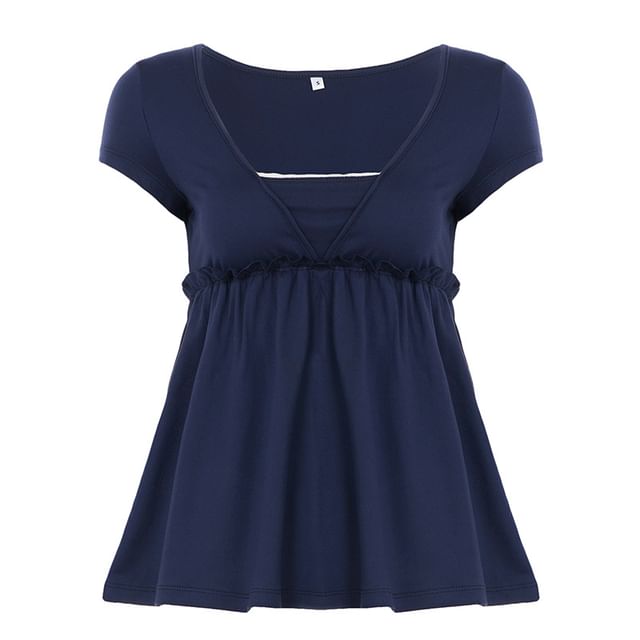 Short Sleeve Mock Two Piece Lace-Trim Ruffled A-Line T-Shirt