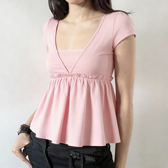 Short Sleeve Mock Two Piece Lace-Trim Ruffled A-Line T-Shirt