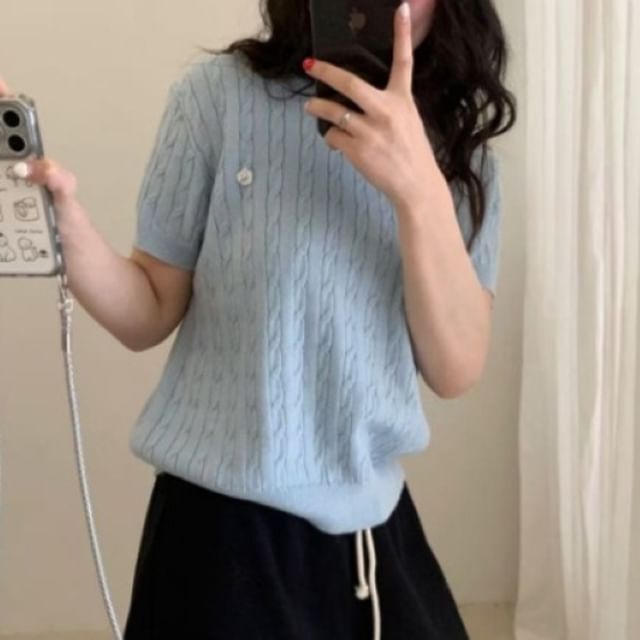 Short-Sleeve Crewneck Plain Knit Top