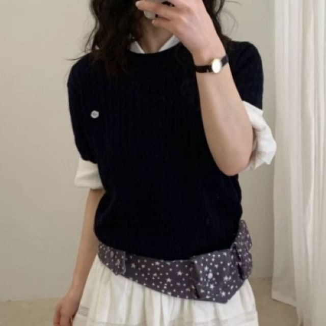 Short-Sleeve Crewneck Plain Knit Top