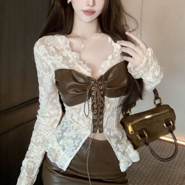 Long-Sleeve V-Neck Faux Leather Panel Lace Top