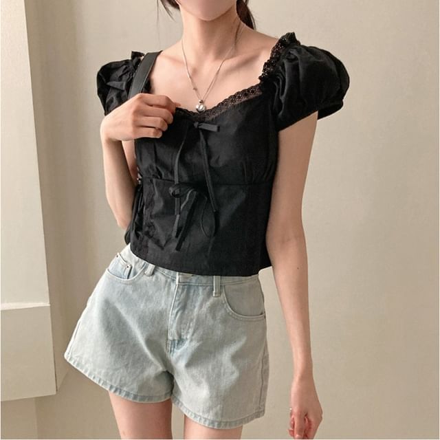 Short-Sleeve V-Neck Plain Lace Trim Blouse