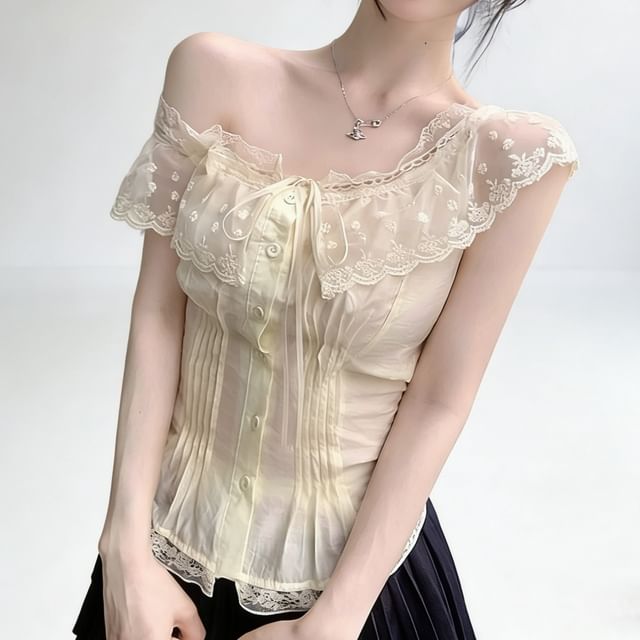 Cap-Sleeve Crewneck Lace Blouse