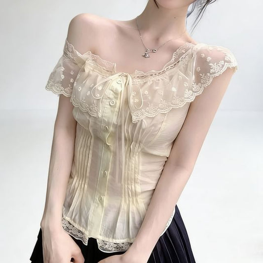 Cap-Sleeve Crewneck Lace Blouse