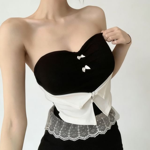 Strapless Lace Ruffle Crop Top