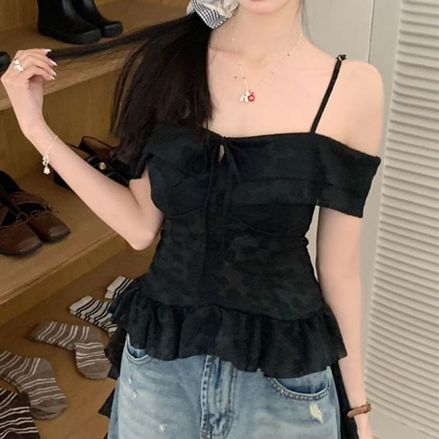 Short-Sleeve Cold Shoulder Lace Crop Top