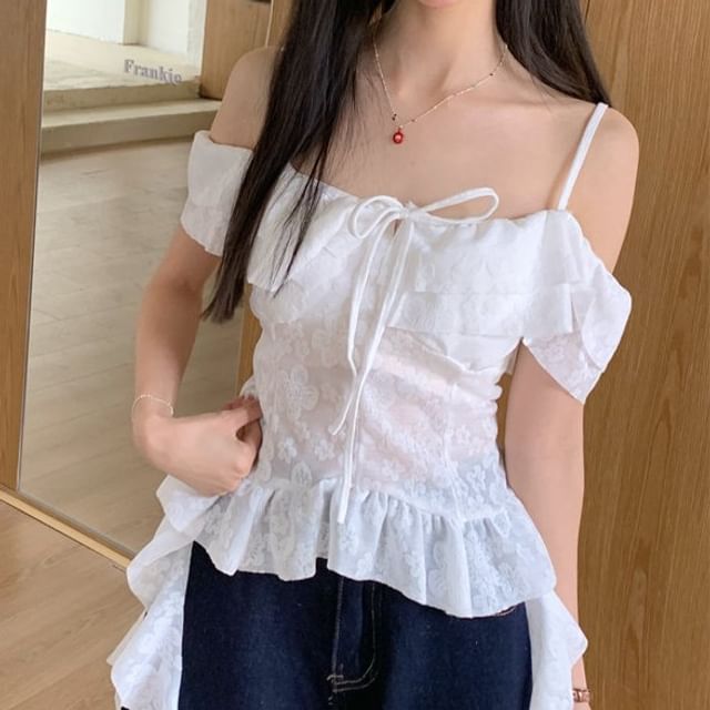 Short-Sleeve Cold Shoulder Lace Crop Top
