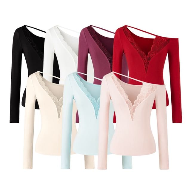 One-Shoulder  Long-Sleeve V-Neck Lace Trim T-Shirt