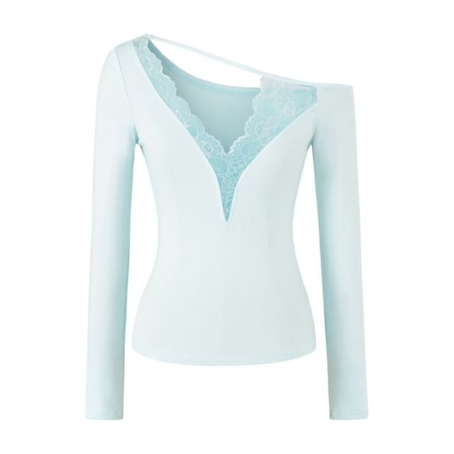 One-Shoulder  Long-Sleeve V-Neck Lace Trim T-Shirt