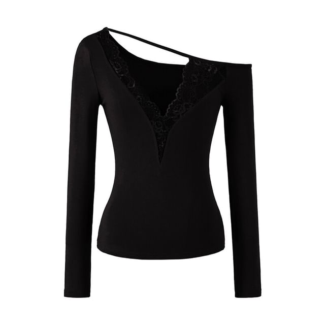 One-Shoulder  Long-Sleeve V-Neck Lace Trim T-Shirt