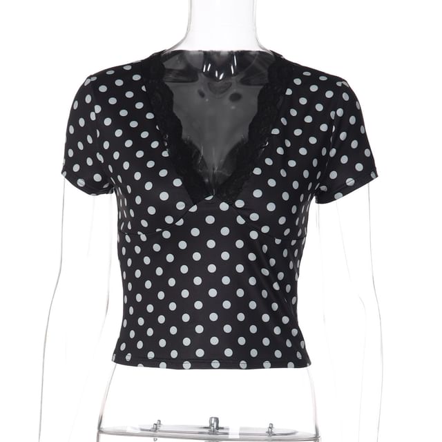Short Sleeve V-Neck Lace Panel Polka Dot Slim-Fit Crop Top