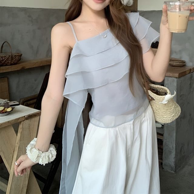 Ruffle-Trimmed One-Shoulder Sleeveless Top