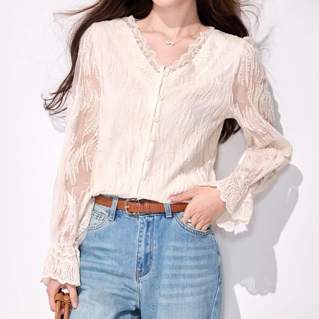 Long-Sleeve V-Neck Plain Lace Trim Blouse