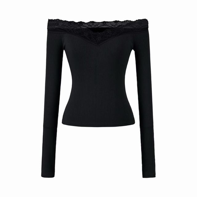 Off-Shoulder Long-Sleeve Plain Lace Trim T-Shirt