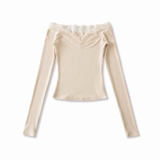 Off-Shoulder Long-Sleeve Plain Lace Trim T-Shirt