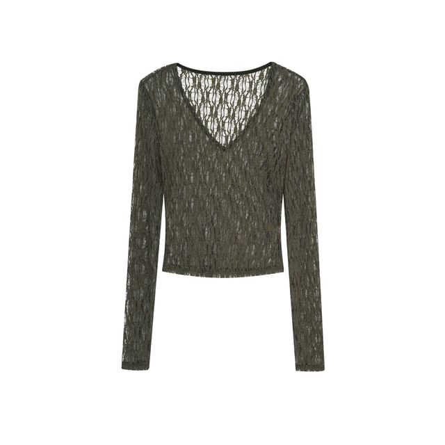 Long-Sleeve V-Neck Lace Crop Top