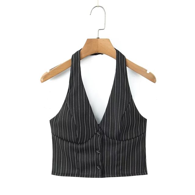 Halter V-Neck Striped Top / Mid Rise Buckled Ruffle Mini A-Line Skirt