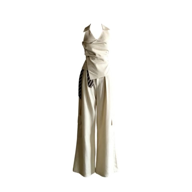 Set: Pinstriped Ruched Halter Blouse + Wide-Leg Pants