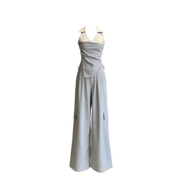 Set: Pinstriped Ruched Halter Blouse + Wide-Leg Pants