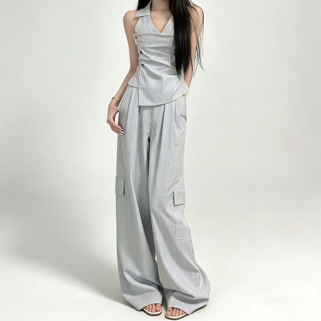 Set: Pinstriped Ruched Halter Blouse + Wide-Leg Pants