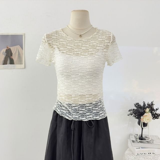Short Sleeve Round Neck Plain Lace Top