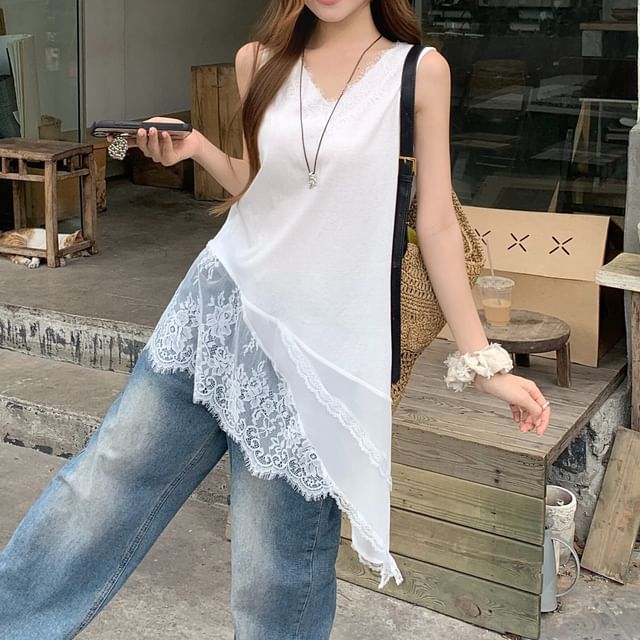 Asymmetrical Lace Panel Sleeveless V-Neck Top