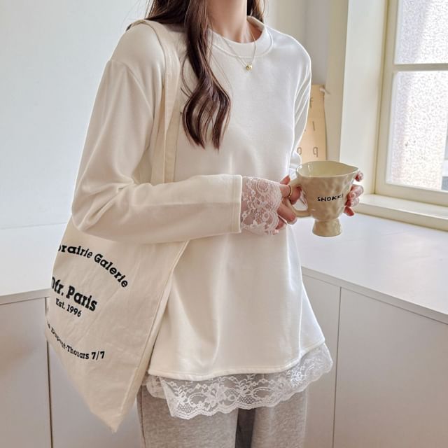 Long-Sleeve Crew Neck Plain Lace Trim T-Shirt