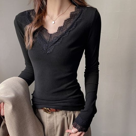 Long-Sleeve V-Neck Plain Lace Trim T-Shirt
