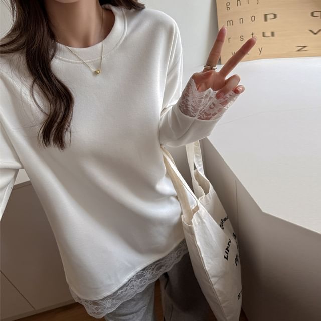 Long-Sleeve Crew Neck Plain Lace Trim T-Shirt