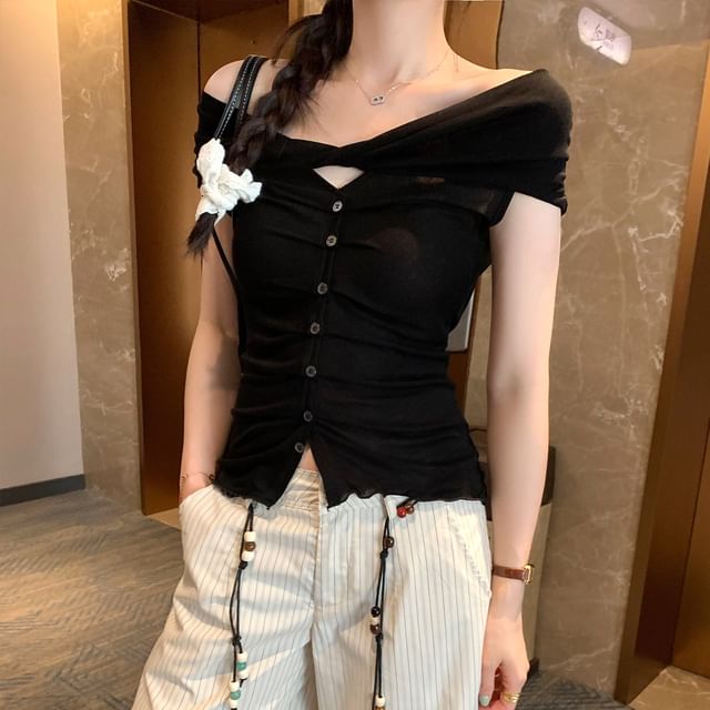 Off-Shoulder Ruched Button Sleeveless Top
