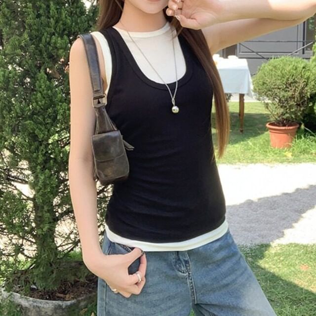 Faux Two-Piece Crew Neck Tank