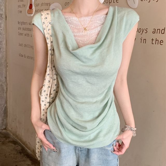Cowl Neck Lace Panel Knit Faux Two-Piece Top