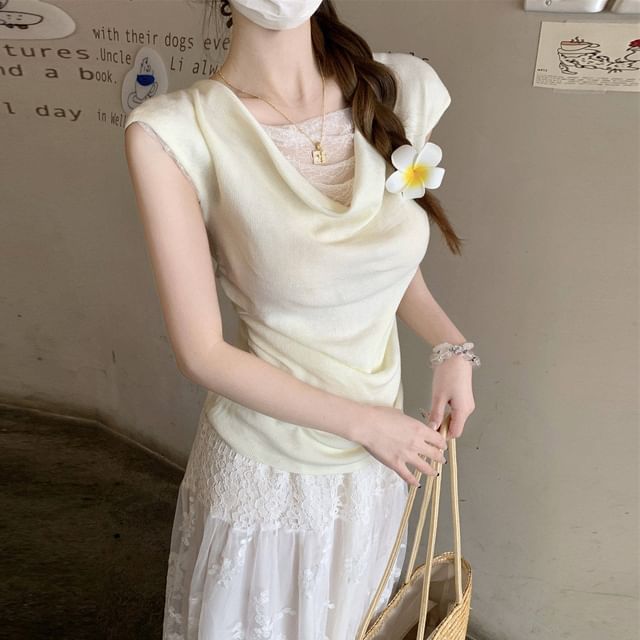 Cowl Neck Lace Panel Knit Faux Two-Piece Top