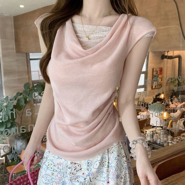 Cowl Neck Lace Panel Knit Faux Two-Piece Top