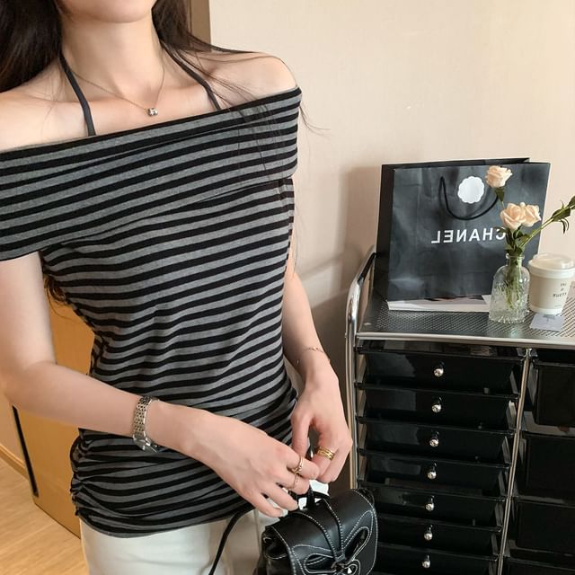 Off-Shoulder Striped Sleeveless Top