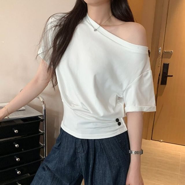 One-Shoulder Short Sleeve Basic Tee