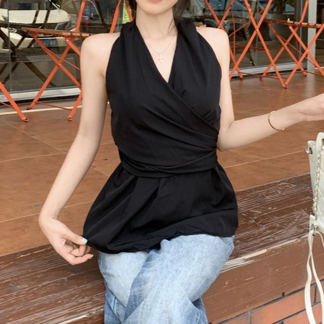 Peplum Halter Wrap Top with Tie-Back