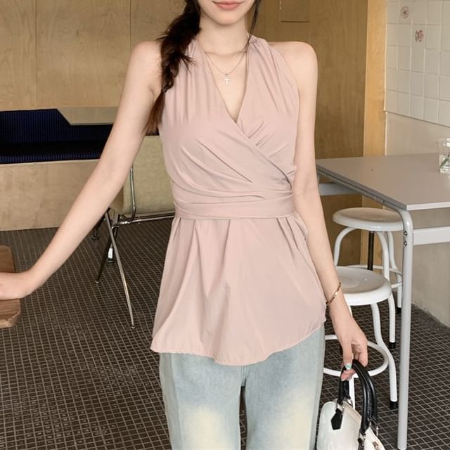 Peplum Halter Wrap Top with Tie-Back