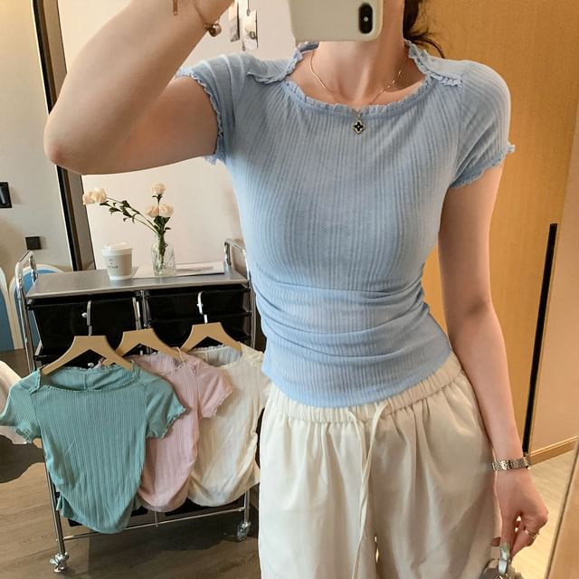Boat Neck Lace Trim Ruched Short Sleeve Top