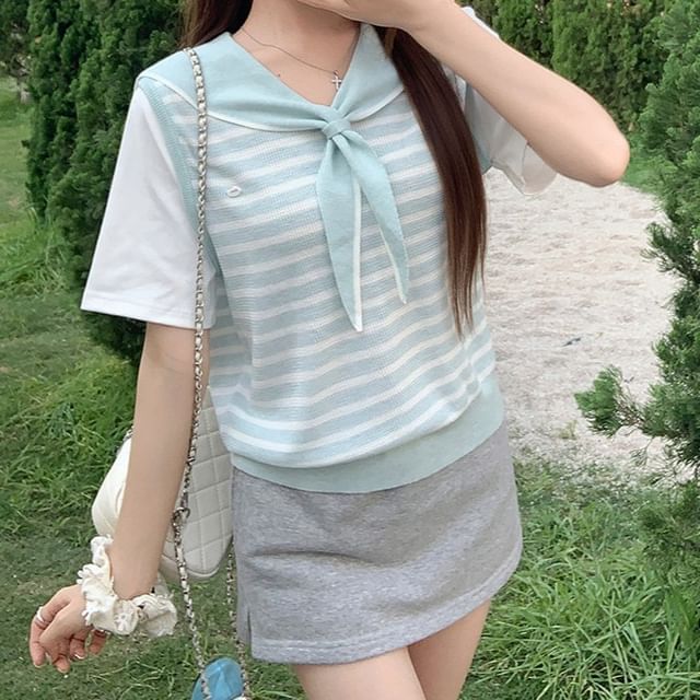Striped Sailor Collar Knit Top with Faux Two-Piece