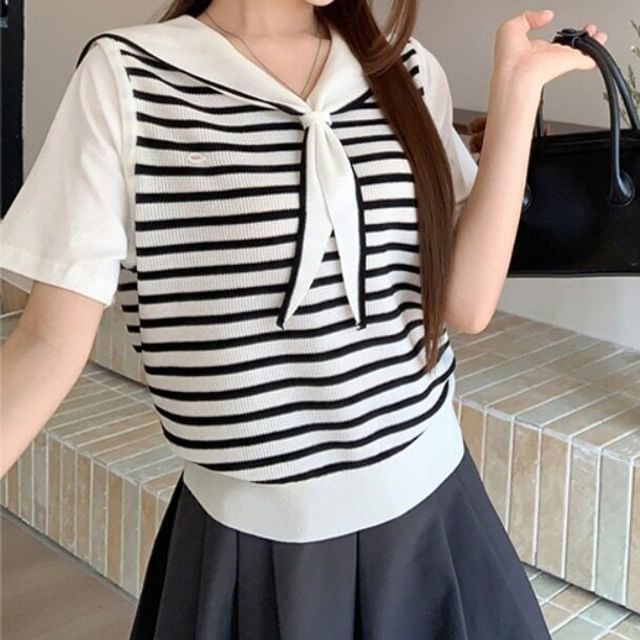 Striped Sailor Collar Knit Top with Faux Two-Piece