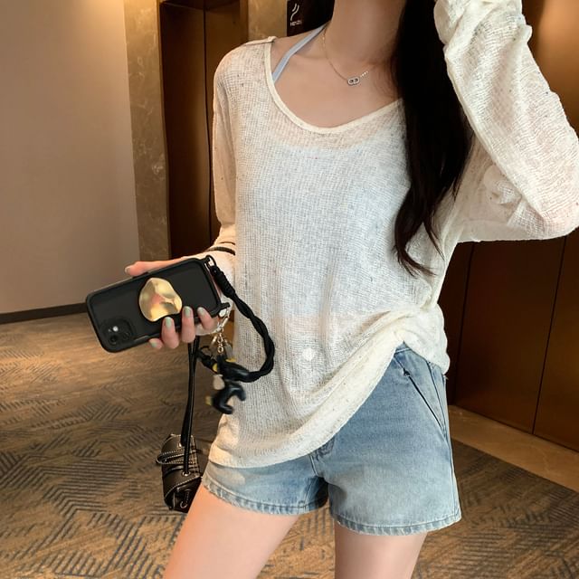 Melange Tie-Back Long Sleeve Scoop Neck Top