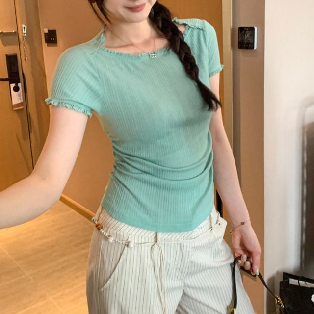 Boat Neck Lace Trim Ruched Short Sleeve Top
