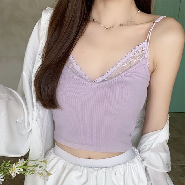 Lace Panel Crop Camisole with V-Neck Faux Two-Piece