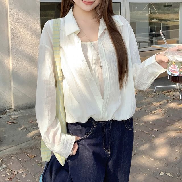 Collared Long Sleeve Faux Two-Piece Shirt