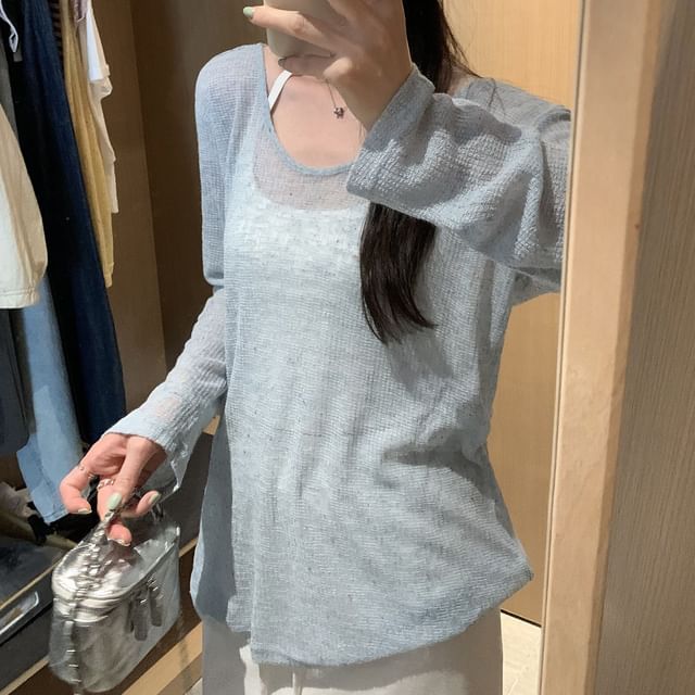 Melange Tie-Back Long Sleeve Scoop Neck Top