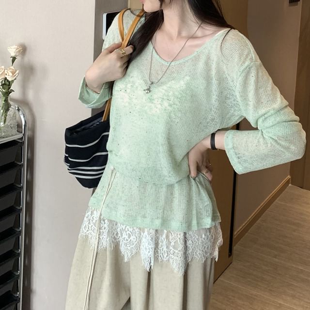 Melange Tie-Back Long Sleeve Scoop Neck Top