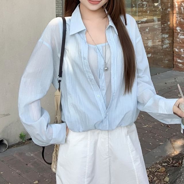 Collared Long Sleeve Faux Two-Piece Shirt